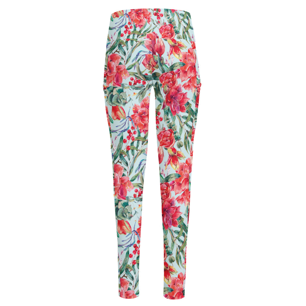 Red Amaryllis Pattern Print High-Waisted Pocket Leggings