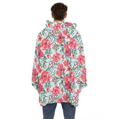 Red Amaryllis Pattern Print Hoodie Blanket