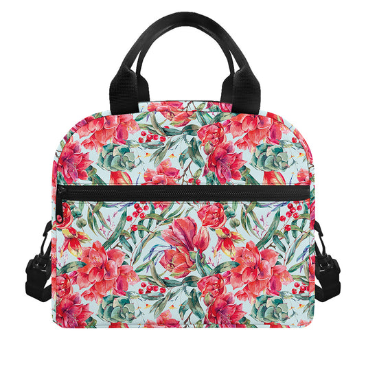 Red Amaryllis Pattern Print Insulated Lunch Bag