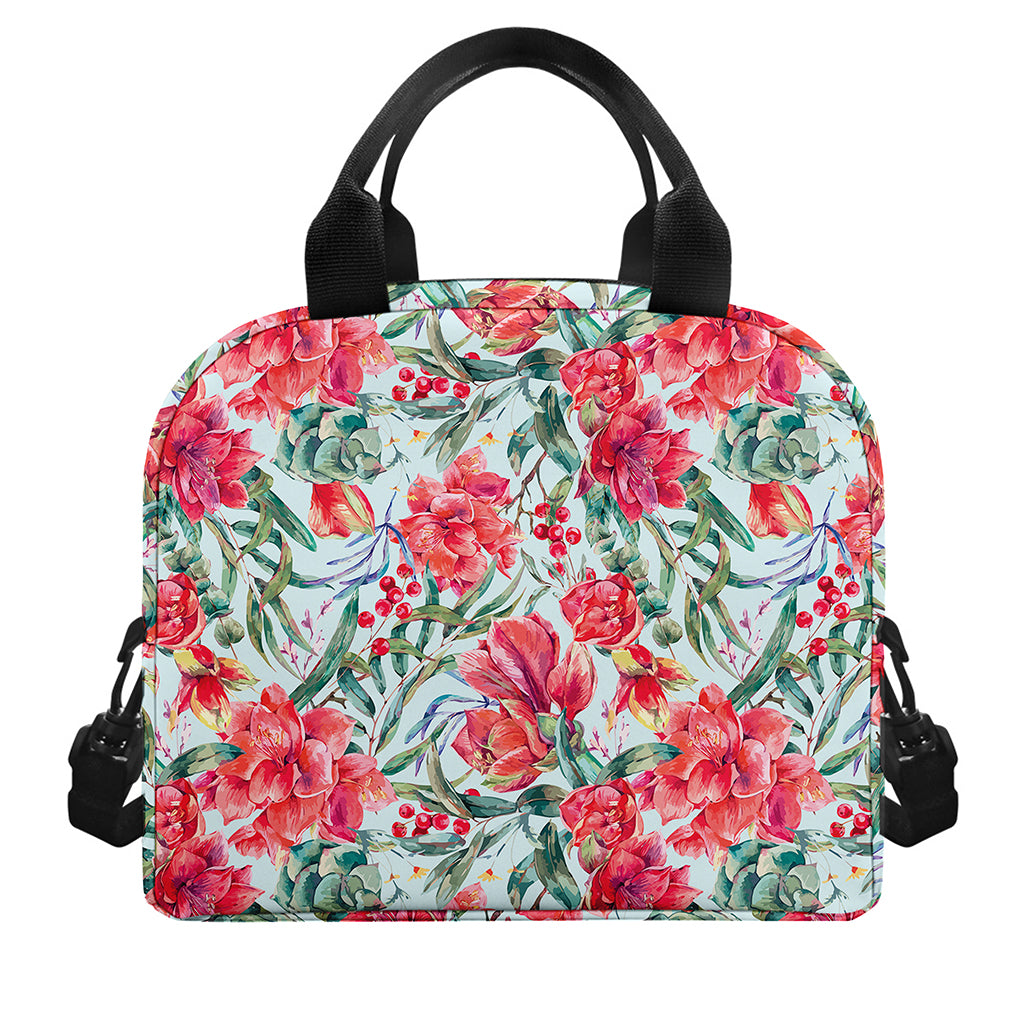 Red Amaryllis Pattern Print Insulated Lunch Bag
