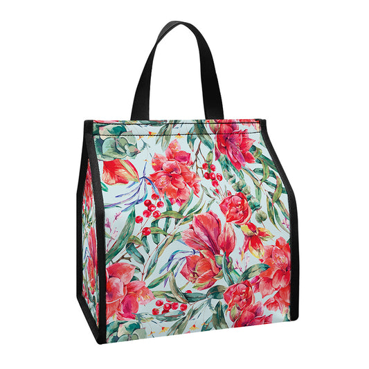 Red Amaryllis Pattern Print Insulated Lunch Tote