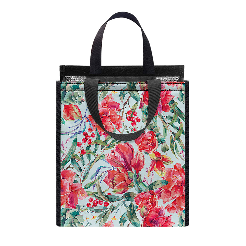 Red Amaryllis Pattern Print Insulated Lunch Tote