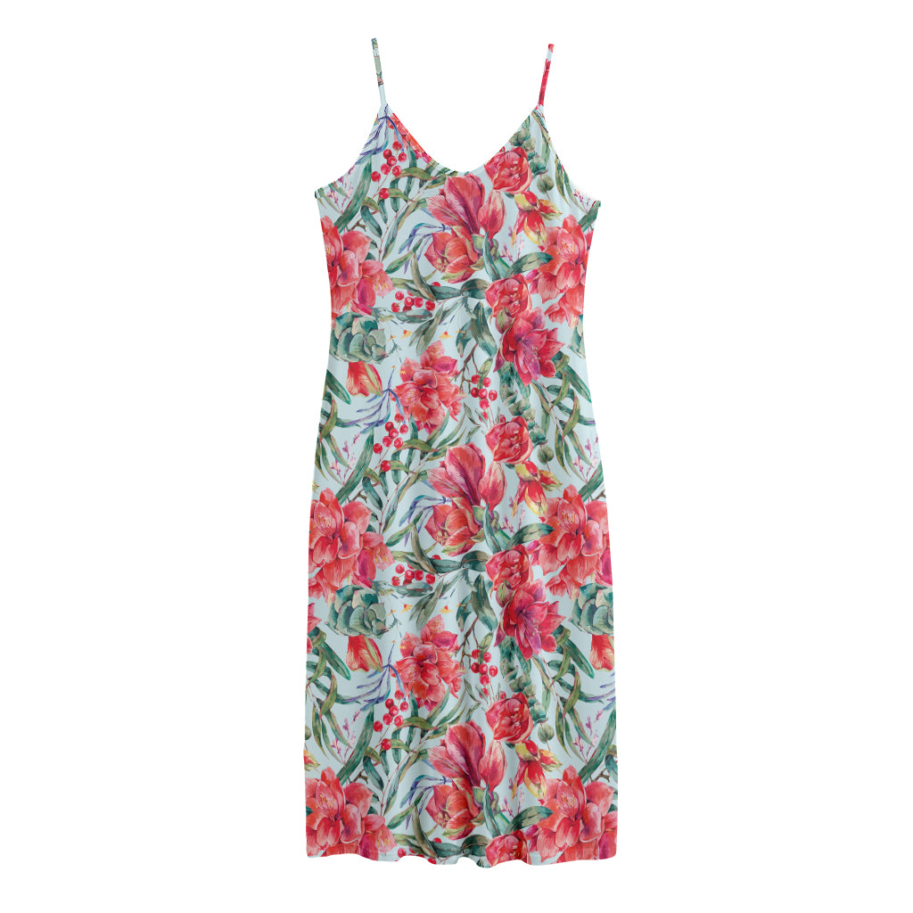 Red Amaryllis Pattern Print Jersey Midi Cami Dress