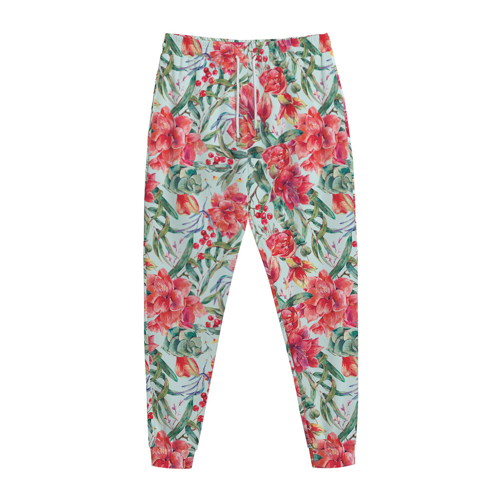 Red Amaryllis Pattern Print Jogger Pants