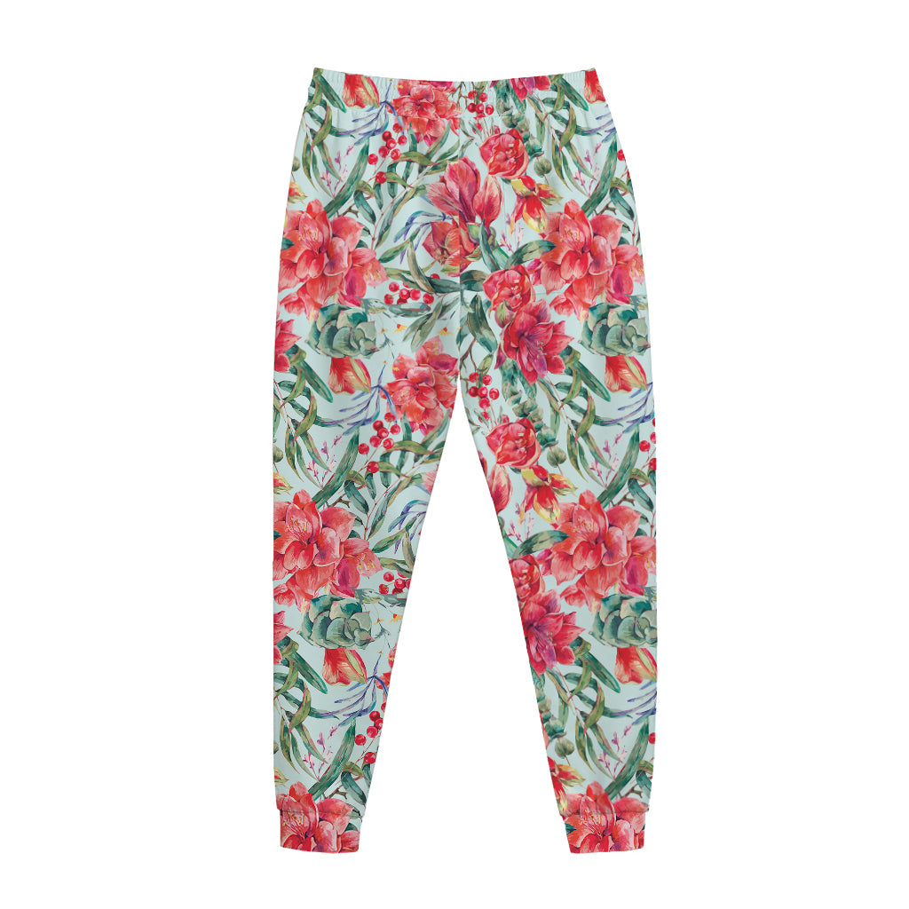 Red Amaryllis Pattern Print Jogger Pants