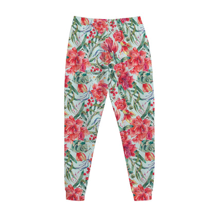 Red Amaryllis Pattern Print Jogger Pants