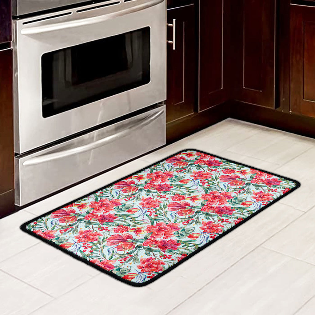 Red Amaryllis Pattern Print Kitchen Mat