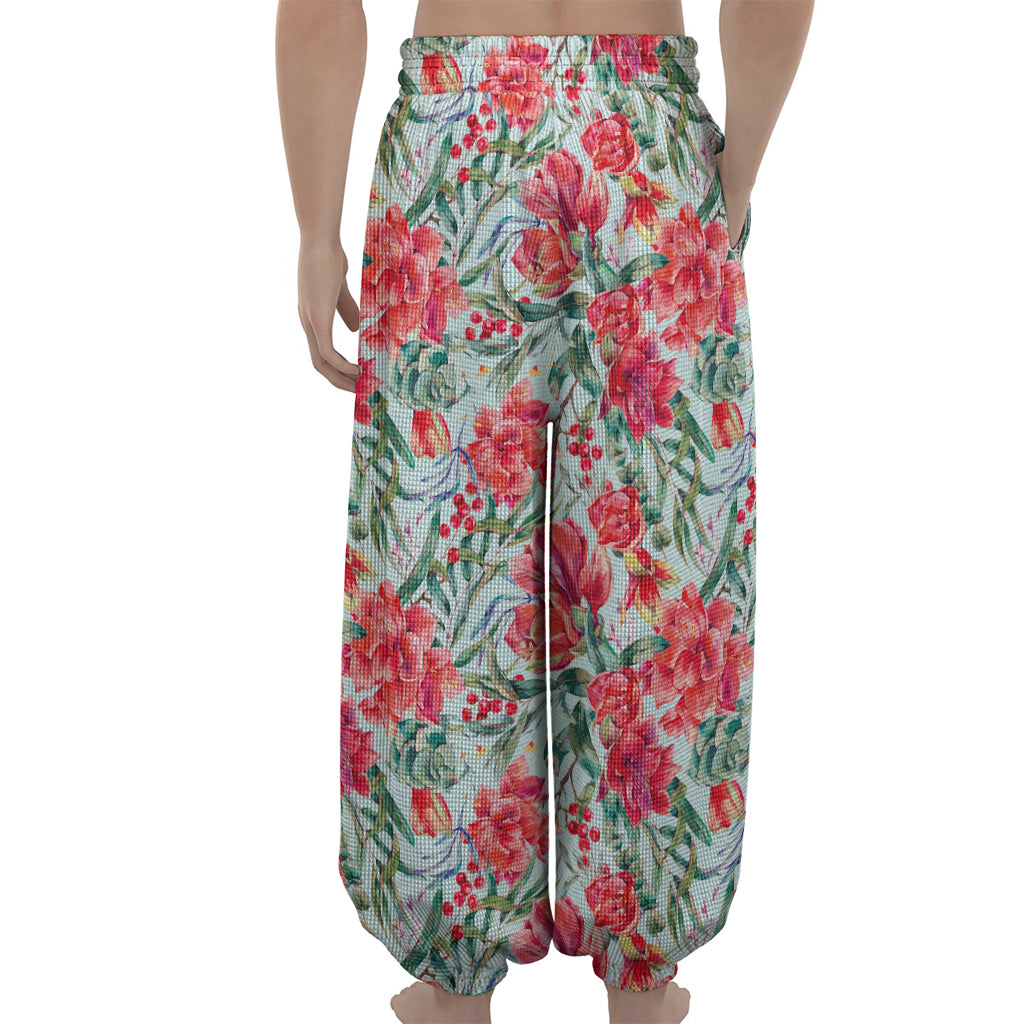 Red Amaryllis Pattern Print Lantern Pants