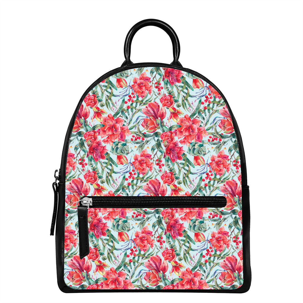 Red Amaryllis Pattern Print Leather Backpack