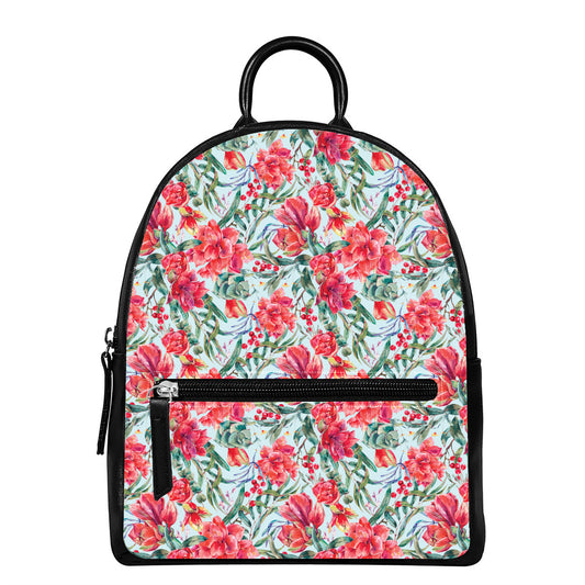 Red Amaryllis Pattern Print Leather Backpack