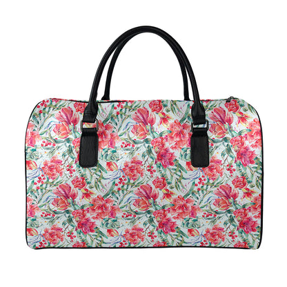 Red Amaryllis Pattern Print Leather Duffle Bag