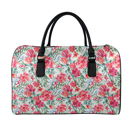 Red Amaryllis Pattern Print Leather Duffle Bag