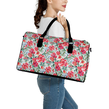 Red Amaryllis Pattern Print Leather Duffle Bag