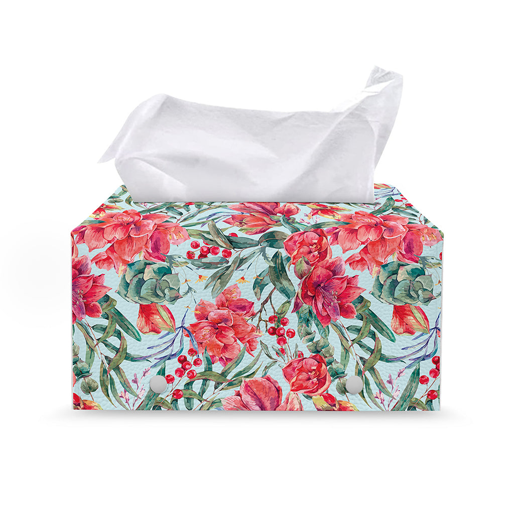 Red Amaryllis Pattern Print Leather Tissue Box Cover