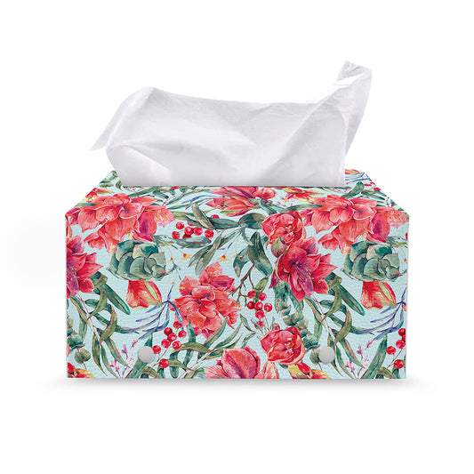 Red Amaryllis Pattern Print Leather Tissue Box Cover