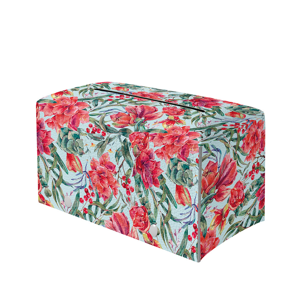 Red Amaryllis Pattern Print Leather Tissue Box Cover
