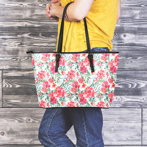 Red Amaryllis Pattern Print Leather Tote Bag