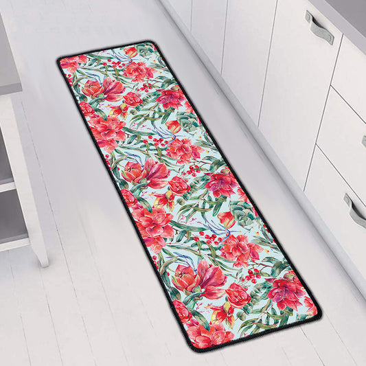Red Amaryllis Pattern Print Long Kitchen Mat