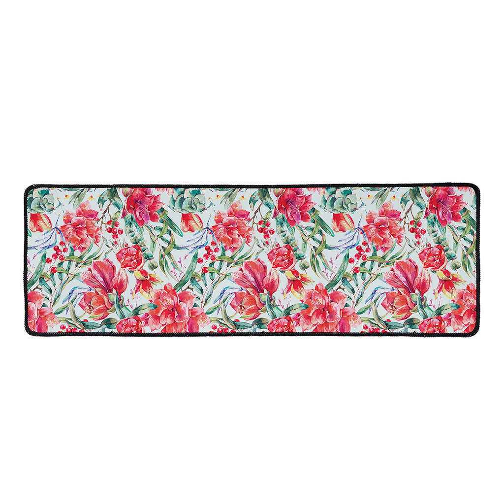 Red Amaryllis Pattern Print Long Kitchen Mat