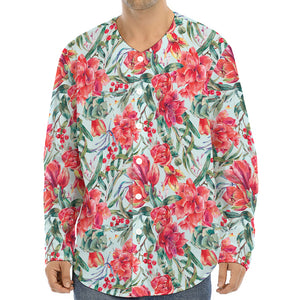 Red Amaryllis Pattern Print Long Sleeve Baseball Jersey