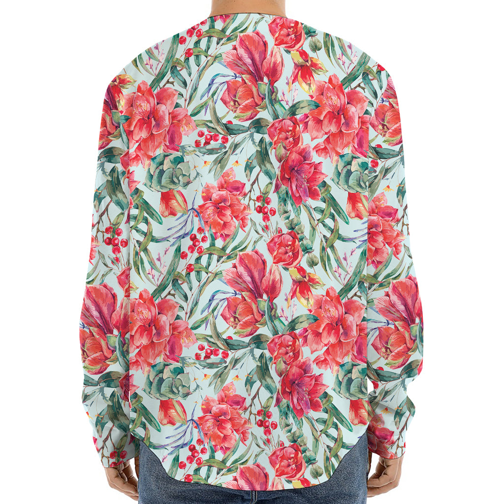 Red Amaryllis Pattern Print Long Sleeve Baseball Jersey