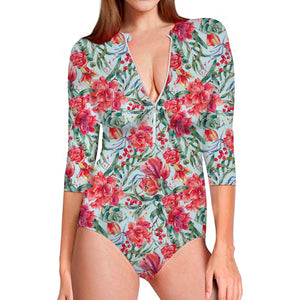 Red Amaryllis Pattern Print Long Sleeve Swimsuit