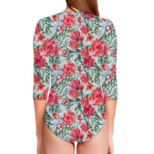 Red Amaryllis Pattern Print Long Sleeve Swimsuit