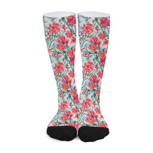 Red Amaryllis Pattern Print Long Socks