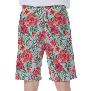 Red Amaryllis Pattern Print Men's Beach Shorts