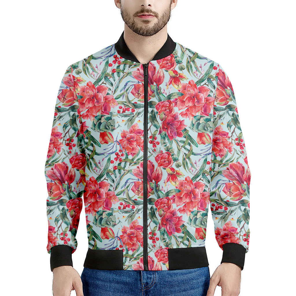 Red Amaryllis Pattern Print Men's Bomber Jacket