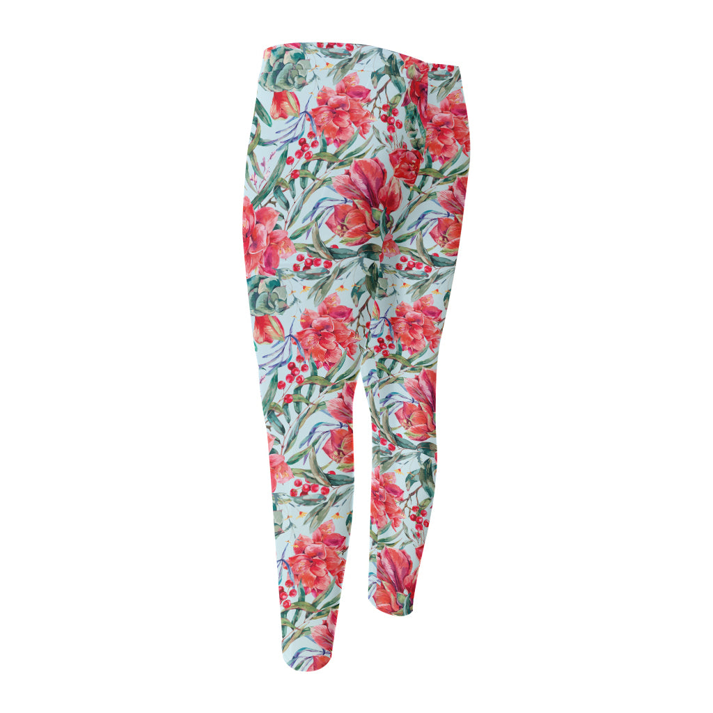 Red Amaryllis Pattern Print Men's Compression Pants