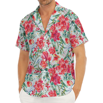 Red Amaryllis Pattern Print Men's Deep V-Neck Shirt