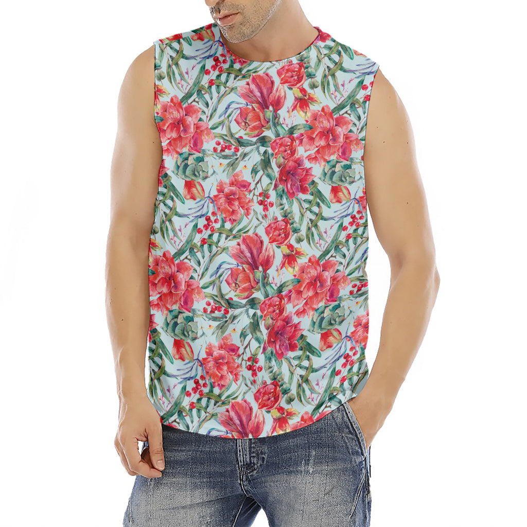 Red Amaryllis Pattern Print Men's Fitness Tank Top