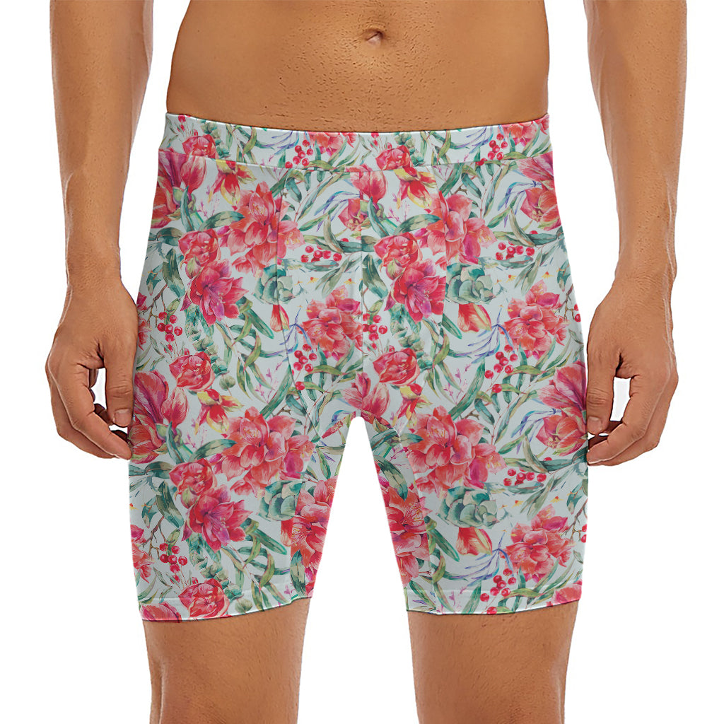 Red Amaryllis Pattern Print Men's Long Boxer Briefs