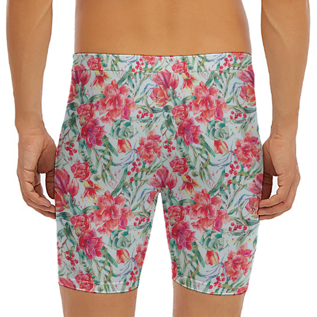 Red Amaryllis Pattern Print Men's Long Boxer Briefs