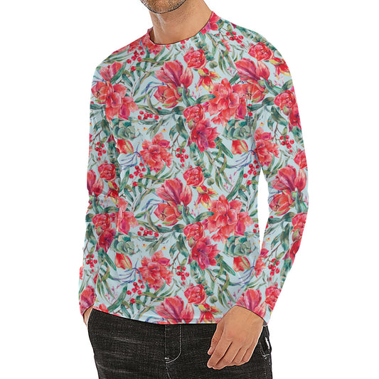 Red Amaryllis Pattern Print Men's Long Sleeve Rash Guard