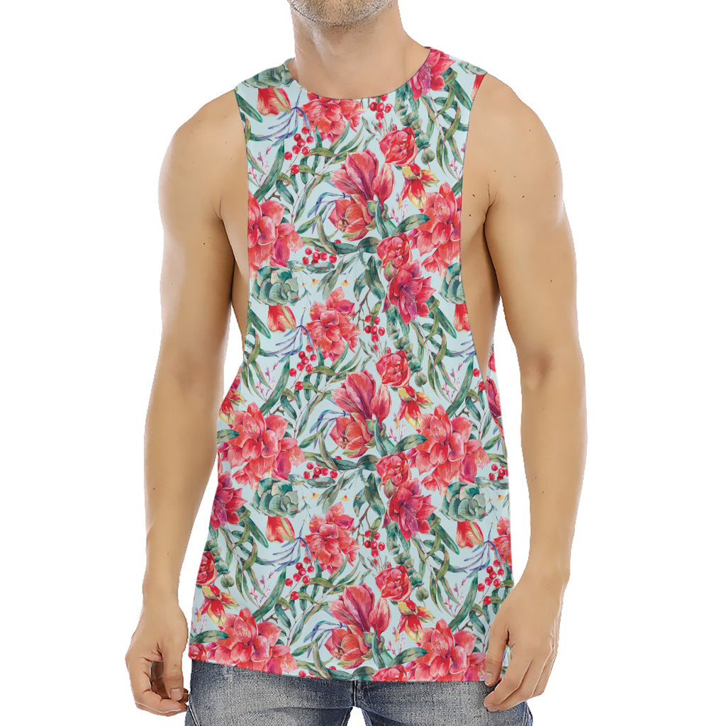 Red Amaryllis Pattern Print Men's Muscle Tank Top