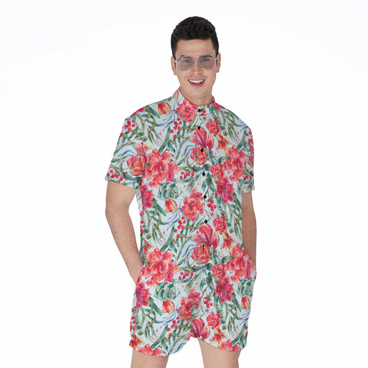 Red Amaryllis Pattern Print Men's Rompers