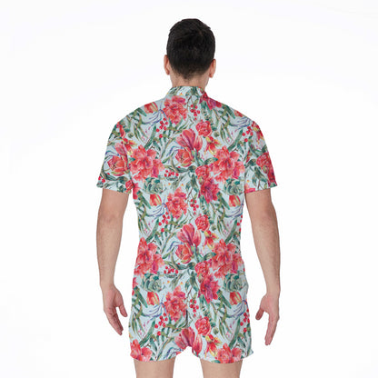Red Amaryllis Pattern Print Men's Rompers
