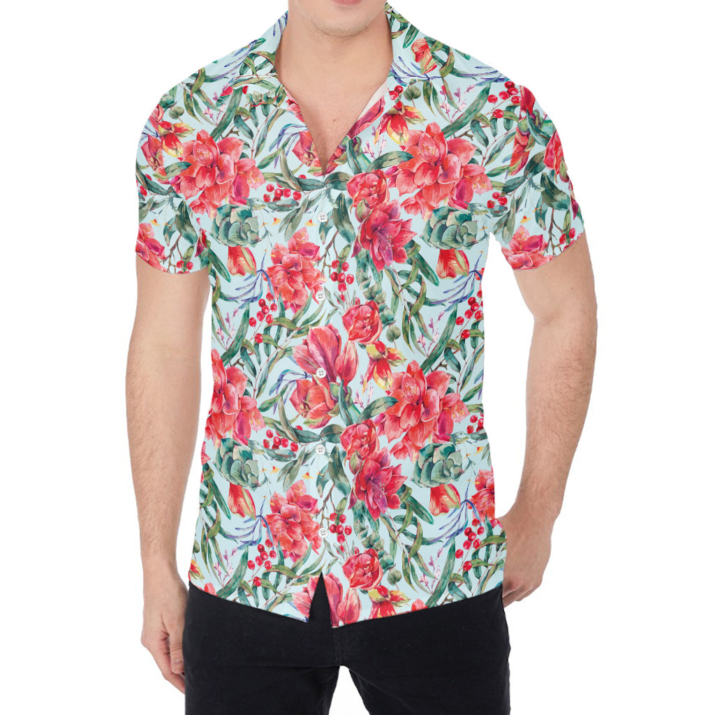 Red Amaryllis Pattern Print Men's Shirt