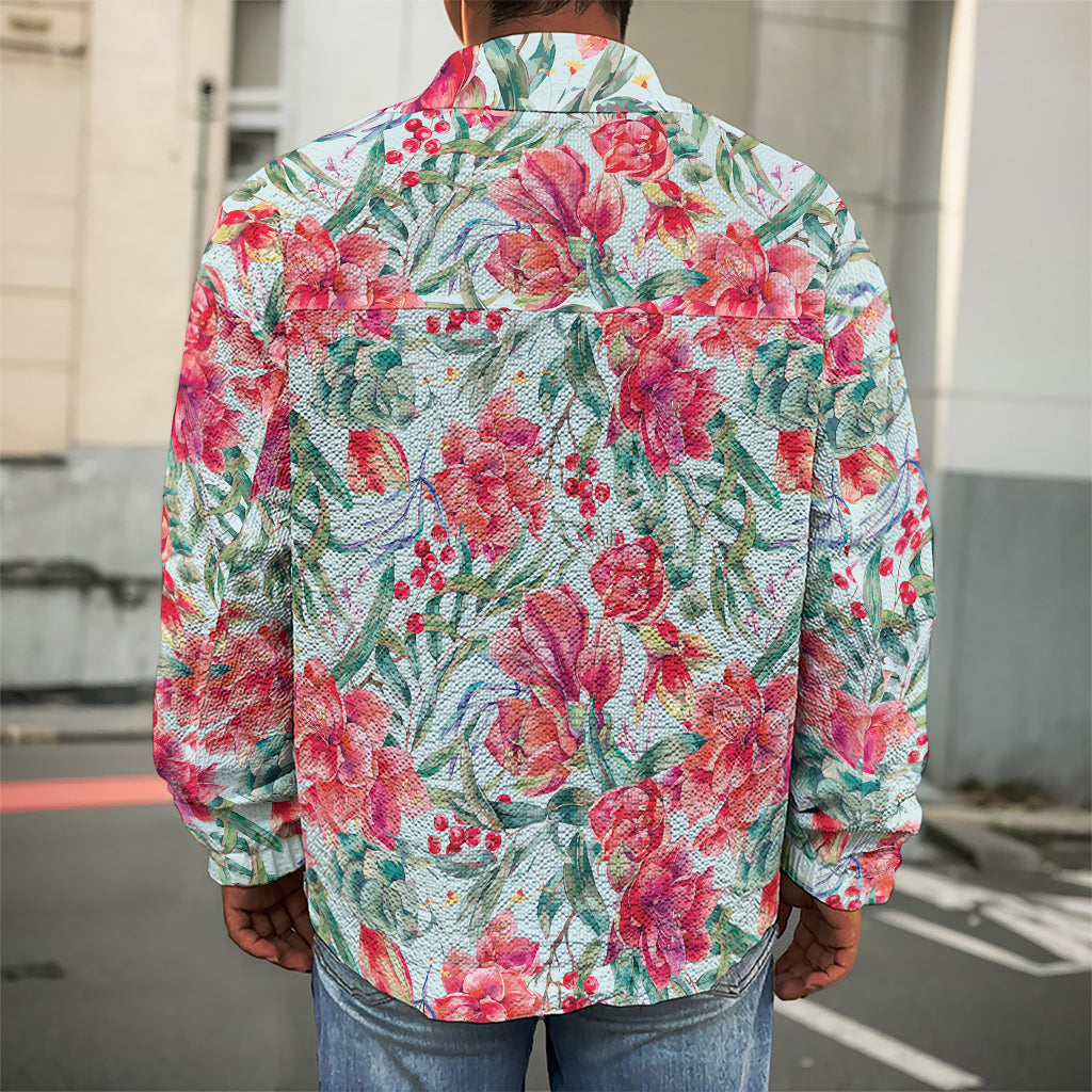 Red Amaryllis Pattern Print Men's Shirt Jacket