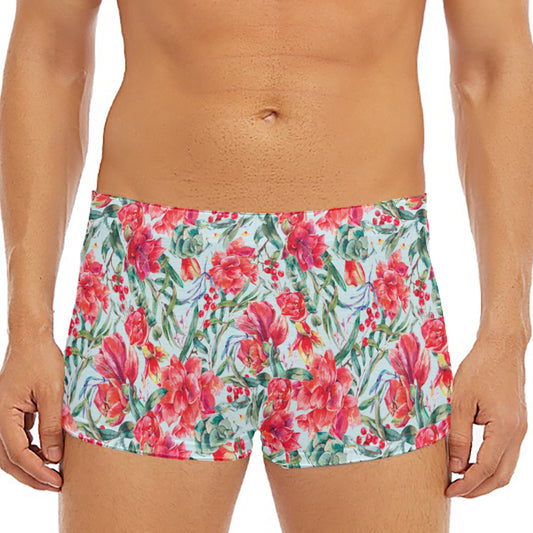 Red Amaryllis Pattern Print Men's Short Boxer Briefs