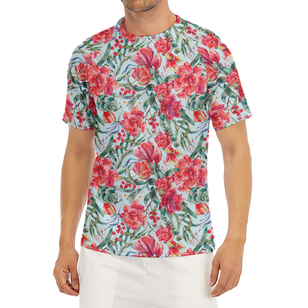 Red Amaryllis Pattern Print Men's Short Sleeve Rash Guard