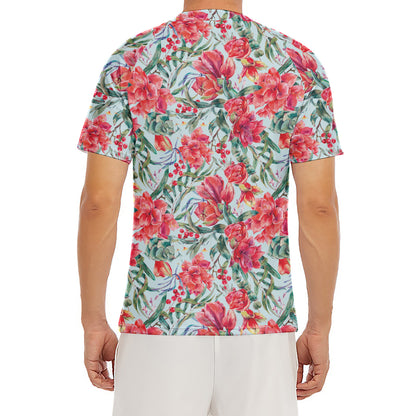 Red Amaryllis Pattern Print Men's Short Sleeve Rash Guard