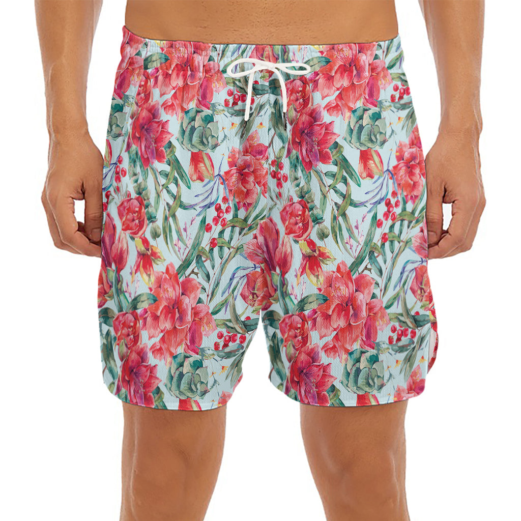 Red Amaryllis Pattern Print Men's Split Running Shorts