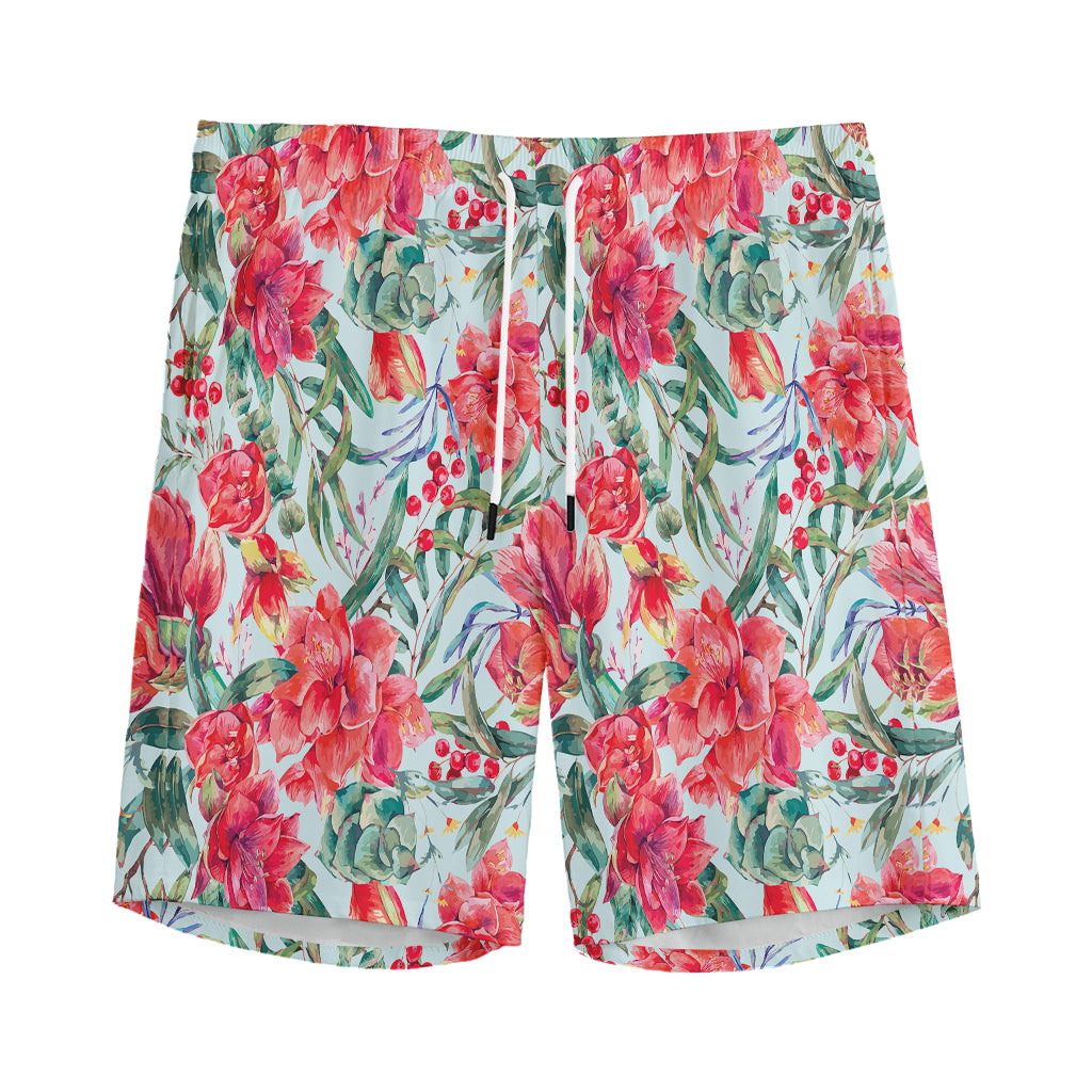 Red Amaryllis Pattern Print Men's Sports Shorts