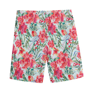 Red Amaryllis Pattern Print Men's Sports Shorts