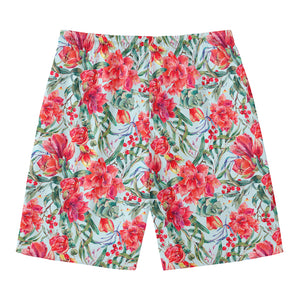 Red Amaryllis Pattern Print Men's Swim Trunks