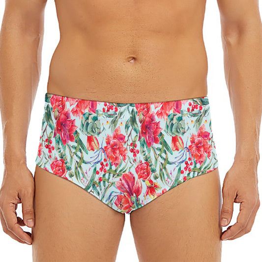 Red Amaryllis Pattern Print Men's Triangle Swim Briefs