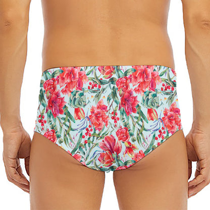 Red Amaryllis Pattern Print Men's Triangle Swim Briefs